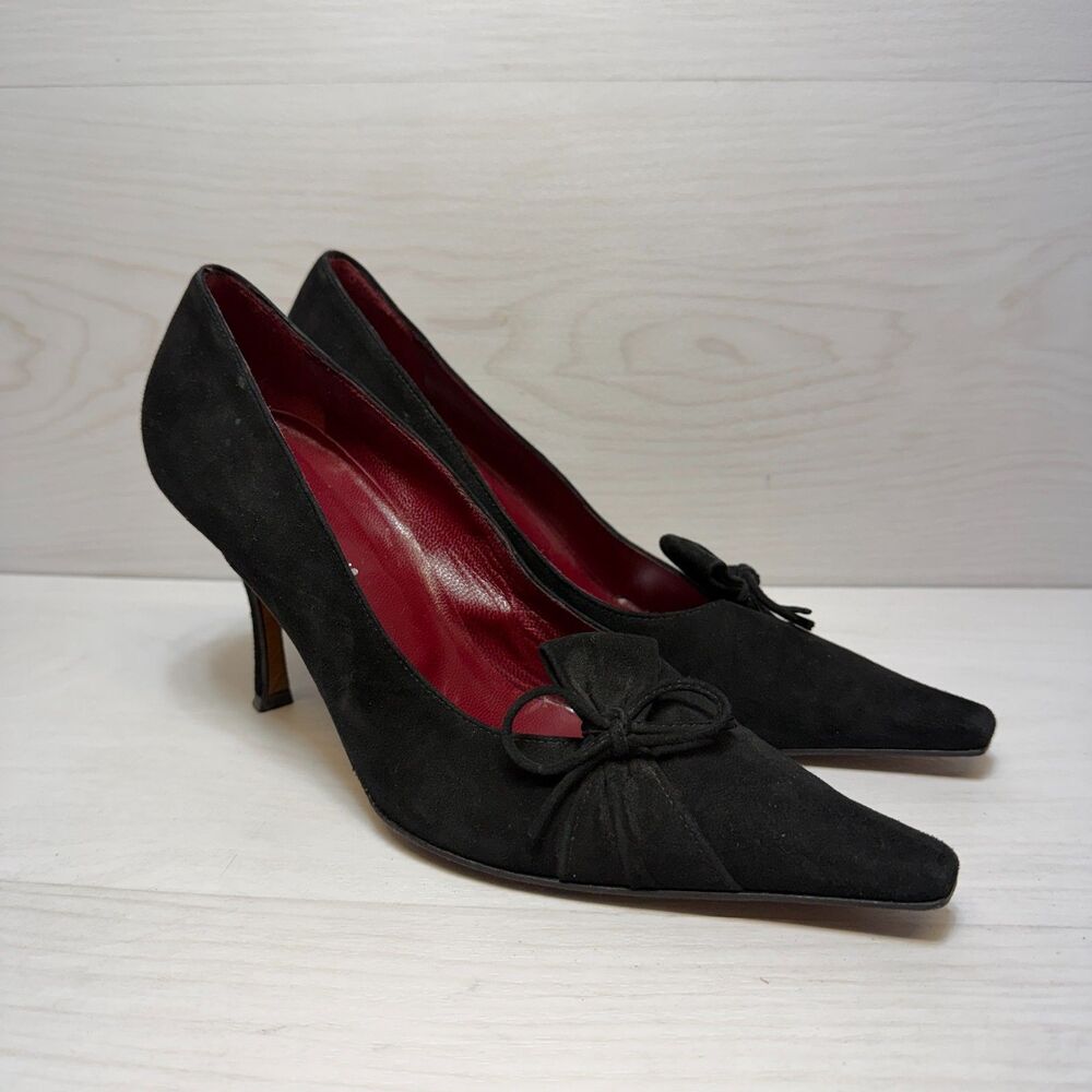 Versani‎ Kitten Heel Pumps Women's Size 8 B Black Suede Bow Accent Pointed Toe